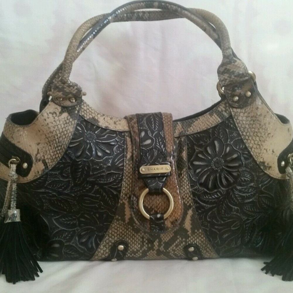 Sharif Embossed Black Leather Handbag Floral Snake